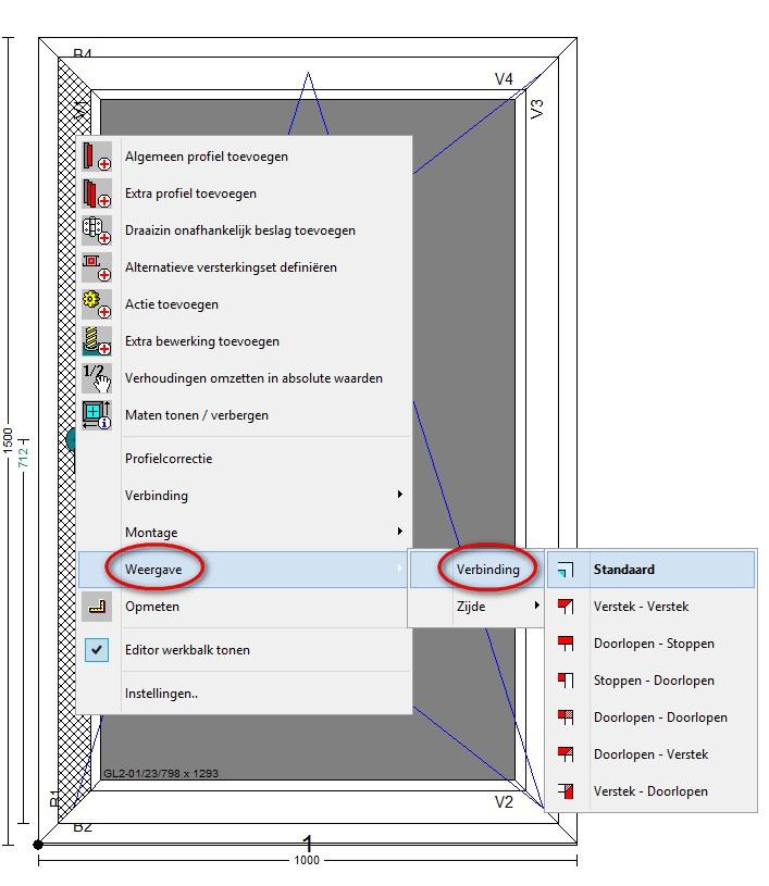D.m.v. de rechterklik in de editor op een profiel kan de gebruiker eveneens een andere weergave t.o.v. de standaard weergave van de verbinding opgegeven.