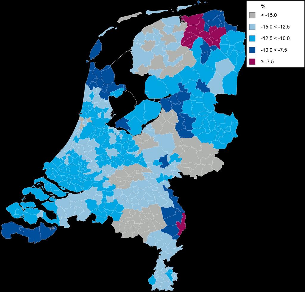 Figuur 10 Prijsontwikkeling gemeentes sinds de lokale top van de markt per gemeente in Nederland in het derde kwartaal van 2012 Regionale woningprijsontwikkeling Dit kwartaal is de gemiddelde