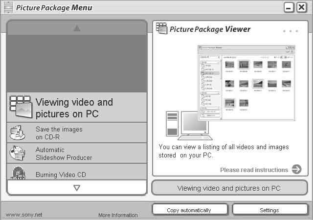 "Picture Package" gebruiken Start [Picture Package Menu] op het bureaublad op om de diverse functies te gebruiken. Het opstartscherm kan er, afhankelijk van uw computer, anders uitzien.