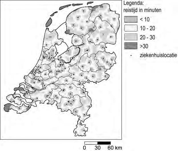 kaart 13 Reistijd per ziekenauto naar het dichtstbijzijnde ziekenhuis, 2001 1p 41 De norm is dat patiënten binnen maximaal 45 minuten per ziekenauto in het ziekenhuis moeten kunnen zijn.