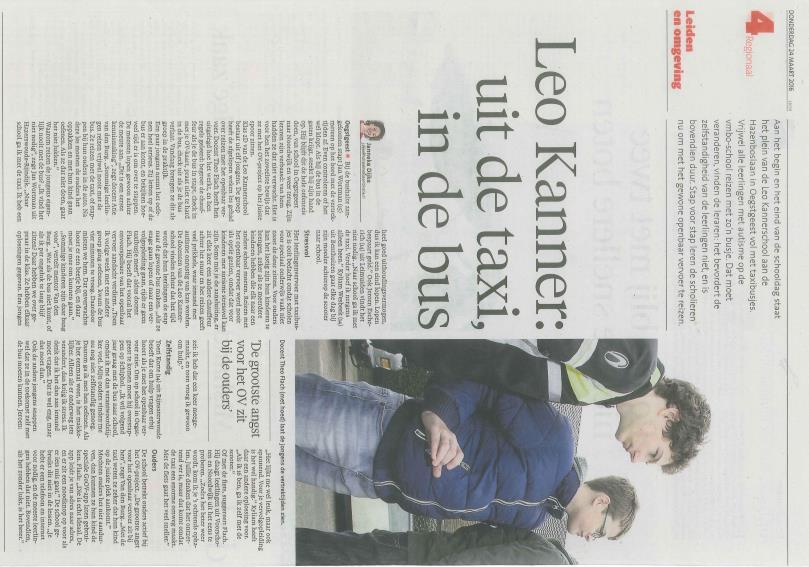 De school in de krant Leids Dagblad: Leo Kanner: uit de taxi, in de bus (24-06-2016) Hieronder ziet u het artikel dat 24 maart 2016 in het