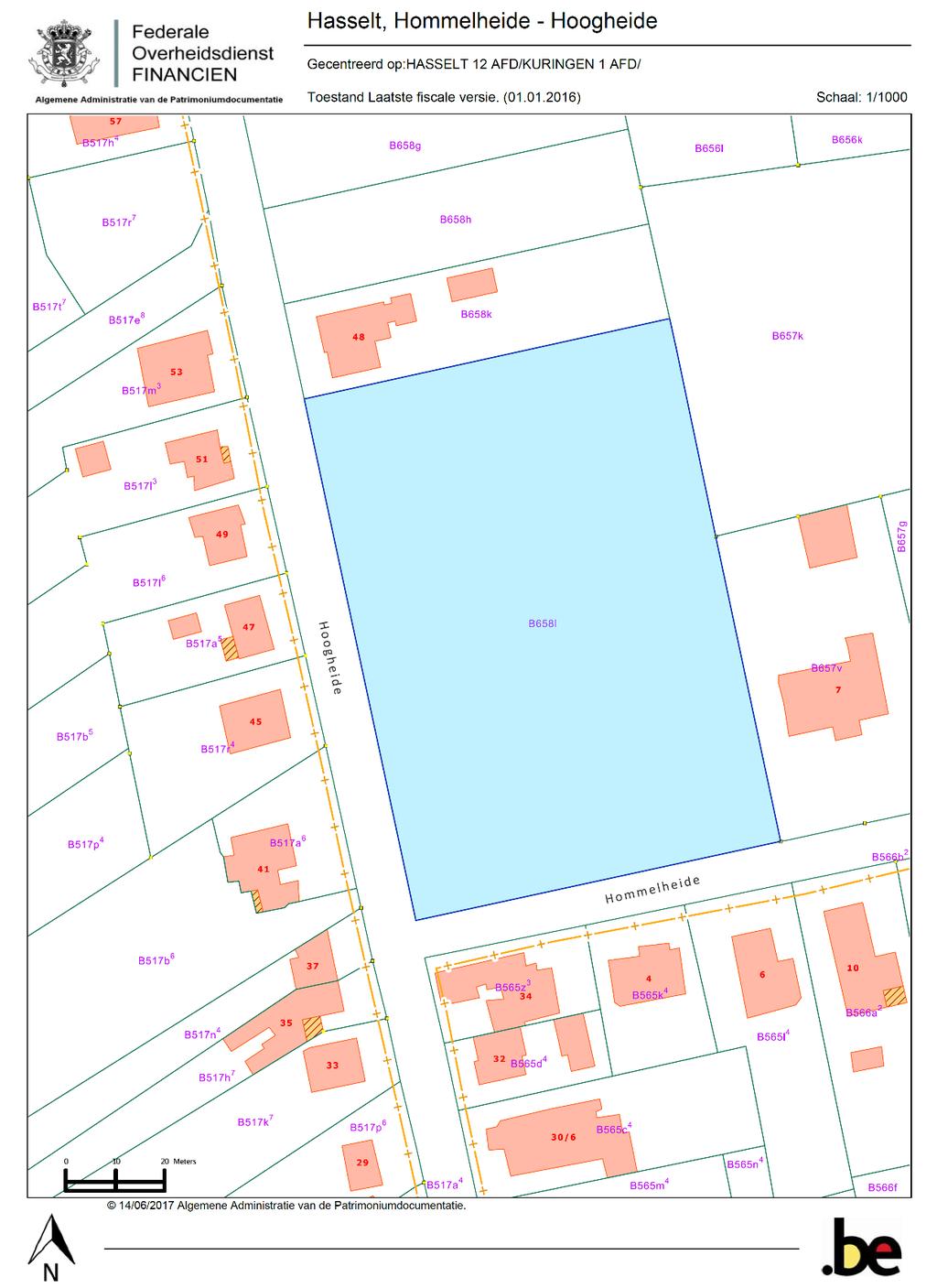 Kadastrale gegevens en plan met afbakening Kadastrale ligging van het projectgebied: Hasselt, afd 12 (Kuringen), Sectie B, perceel 655L, gekadastreerde oppervlakte: