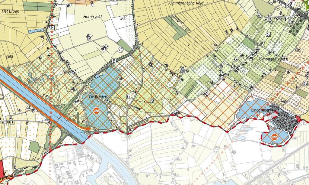 Uitsnede structuurvisiekaart "Ontwikkelingszone recreatie en ontgrondingen Beldert-Lingemeer: In dit gebied kunnen de verblijfsrecreatieterreinen en grootschalige recreatieve voorzieningen verder