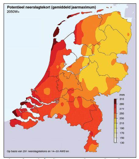 Tekort schoon zoet water Neerslagtekorten Nu: In droge zomers heeft het westen van Nederland, vooral de noorwestkant het grootste neerslag te kort.