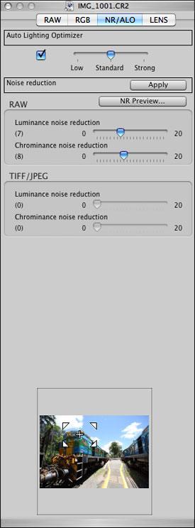 NR/ALO (Ruisreductie/ALO), tabblad in toolpalet (Als een RAW-opname is geselecteerd) Auto Lighting Optimizer (Auto optimalisatie helderheid) (pag. 6) Knop voor het toepassen van ruisreductie (pag.