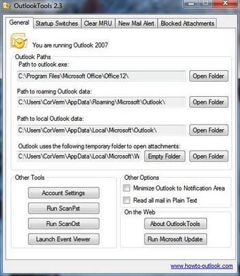 handleiding: OutlookTools geeft gemakkelijk toegang tot instellingen binnen Outlook Tabblad 1 General Geeft toegang tot verschillende mappen en bestanden.