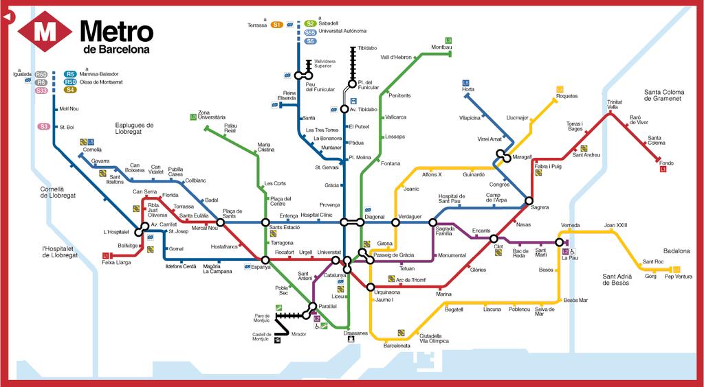 Metro 11 lijnen, totaal 123 km met 166 stations Barcelona 2017 Lijnen