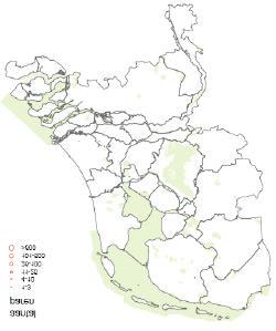 Verspreidingskaart grote zilverreiger (broedvogel) Huidig voorkomen en Natura 2000: In de periode 1999-2003 werden gemiddeld 27 paren van deze soort geteld, waarvan 97% in onder de Vogelrichtlijn