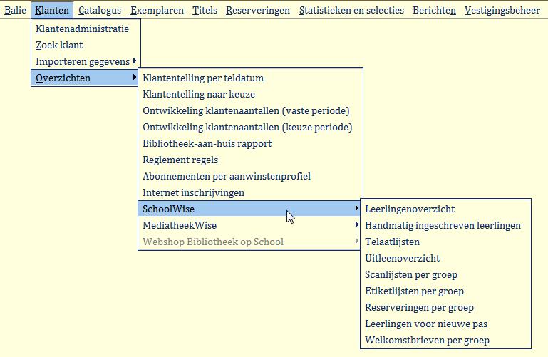 3.10 Leerlingoverzichten en andere lijsten Er zijn diverse overzichten (lijsten) voor schoolwise. De meeste vindt u onder het menu Klanten > Overzichten > SchoolWise, zie afbeelding hieronder.