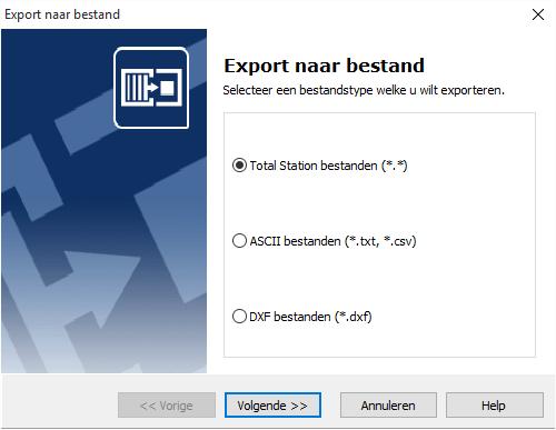 6 Werken met CAD Data Bestanden exporteren vanuit de MC Start software In MC Start kunt u punten exporteren naar verschillende bestandsformaten, zoals Total Station bestanden, DXF bestanden en CSV-