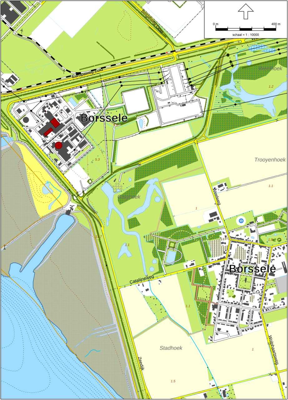 In onderstaande afbeelding zijn de bedoelde controlepunten 1 en 2 en de dichtstbij gelegen woningen aangeduid.