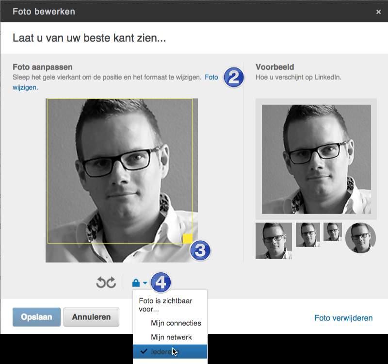 Opbouw van je profiel Profielfoto 1. Selecteer het foto logo op je profiel. Er opent een nieuw venster waar je de foto kunt uploaden 2.