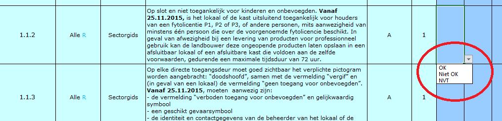 dropdownmenu: "OK" indien vervuld, "Niet OK" indien niet
