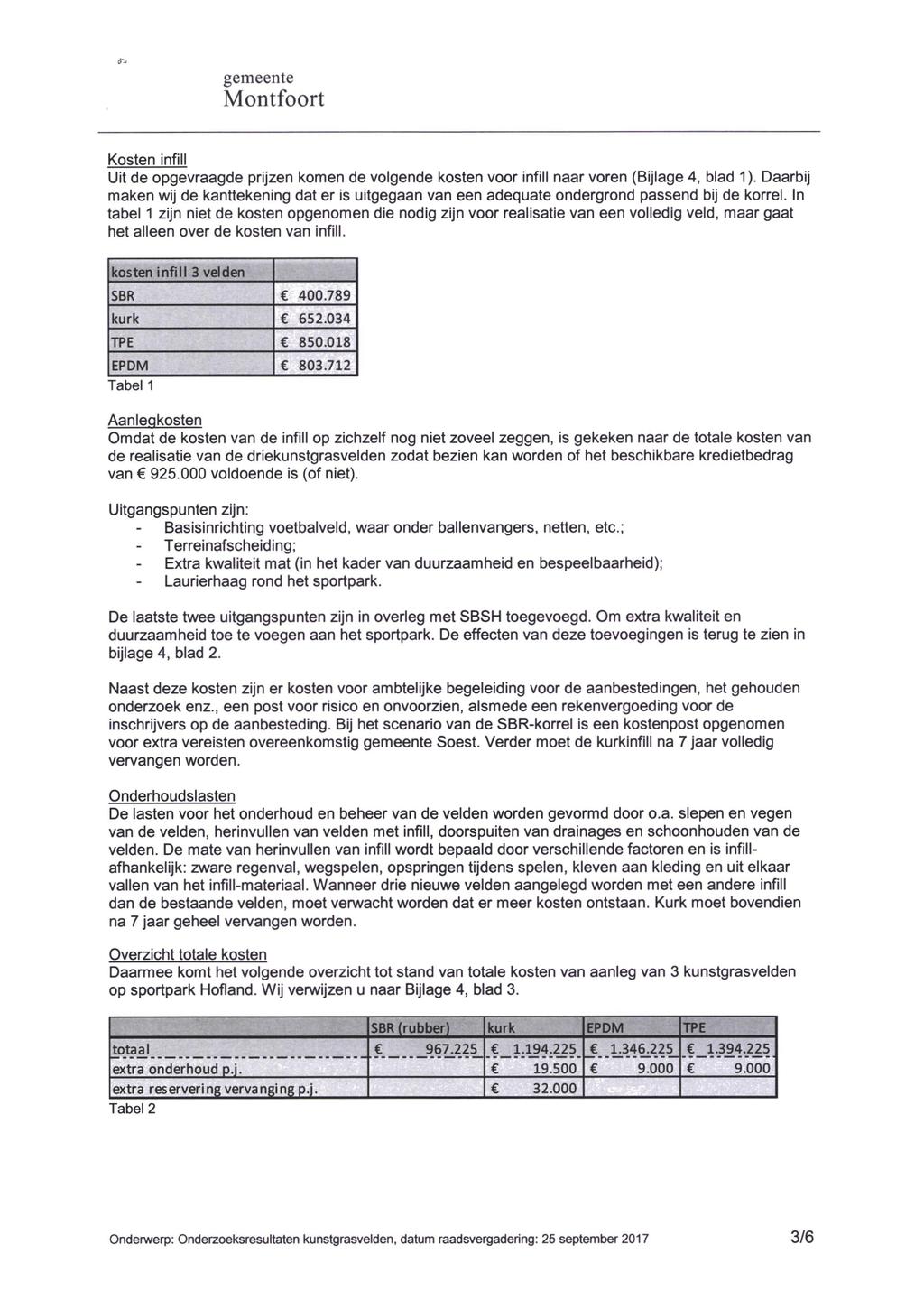 Kosten infill Uit de opgevraagde prijzen komen de volgende kosten voor infill naar voren (Bijlage 4, blad 1).