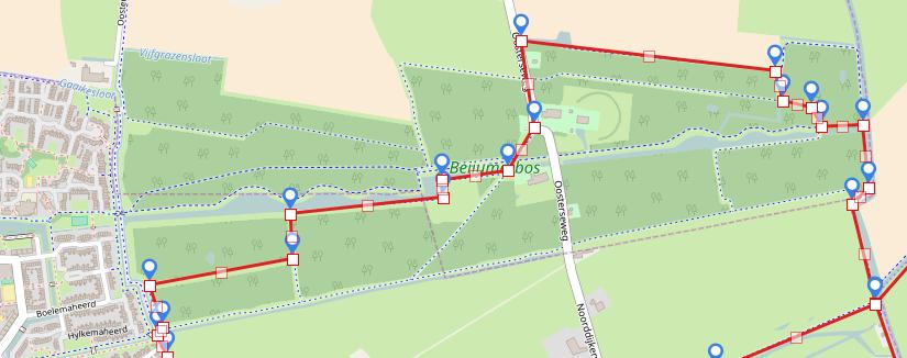 Zie trajectkaart: Op de kruising 1e fietspad oversteken en LA 2 e (grijze) fietspad. De huizen van Beyum zijn links de weilanden rechts.