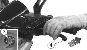 Turn the ignition switch «3» to «ON». Lock at least one wheel by operating a brake lever «4».