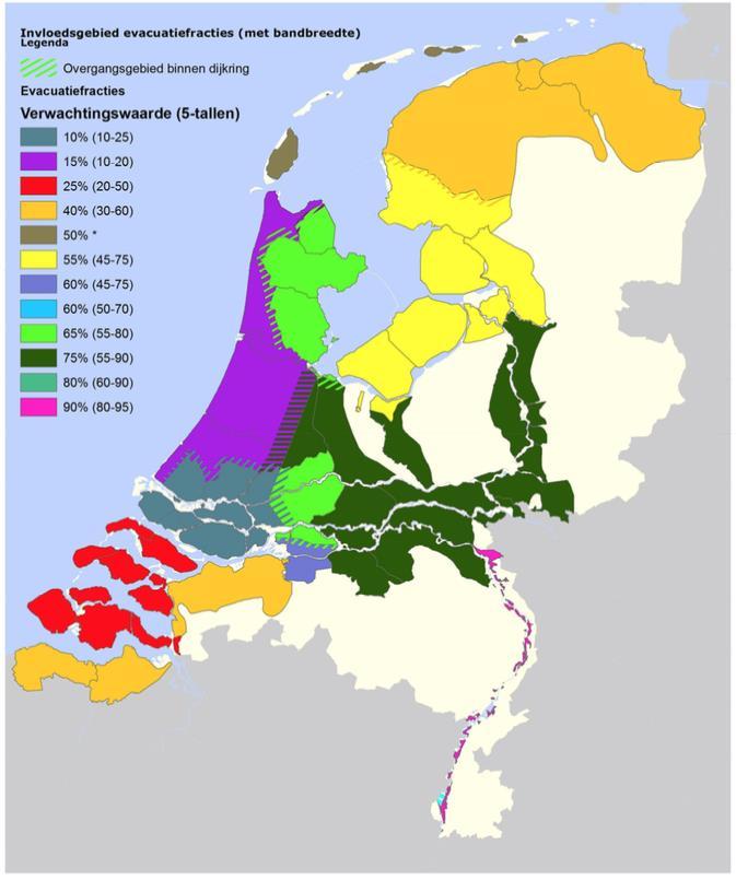 Figuur 1: De verwachtingswaarde van de evacuatiefractie voor verschillende delen van Nederland (Bron: Kolen et al., 20