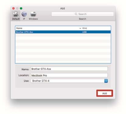Verbinding tussen printer en Macintosh PC (Apple-computer) (5) Selecteer [Brother GTX-4] en klik op [OK]. (6) Klik op [Toevoegen].