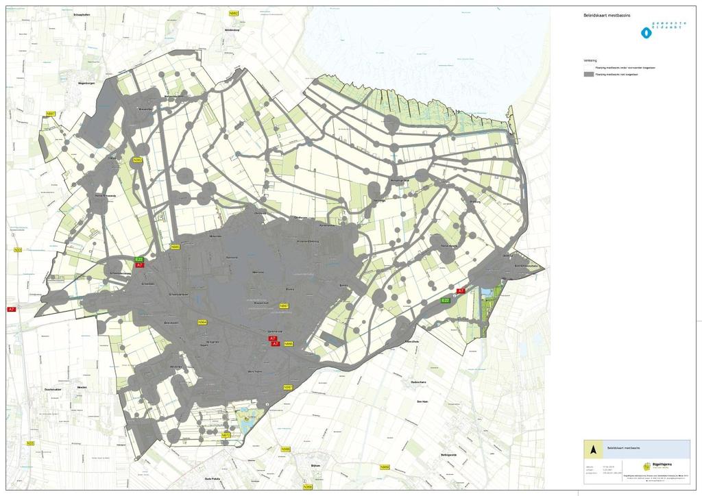 ZOEKGEBIED MESTBASSINS OP VELDKAVELS Bij de totstandkoming van de kaart zijn de volgende maten betrokken: In donker is aangegeven waar geen nieuwe mestbassins geplaatst kunnen worden.