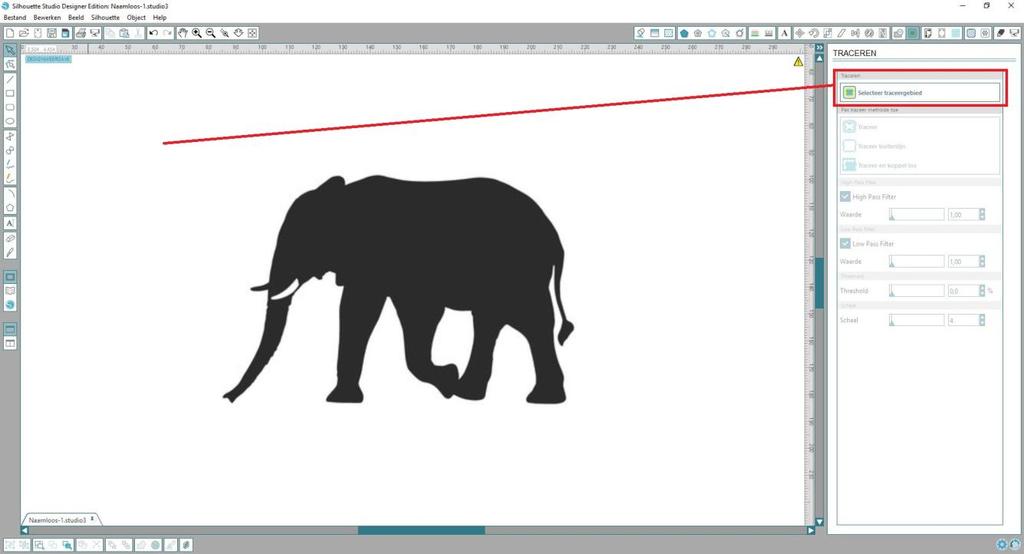 6.2.2 Traceervenster Om het figuur te traceren moet u eerst een traceervenster om de olifant heen