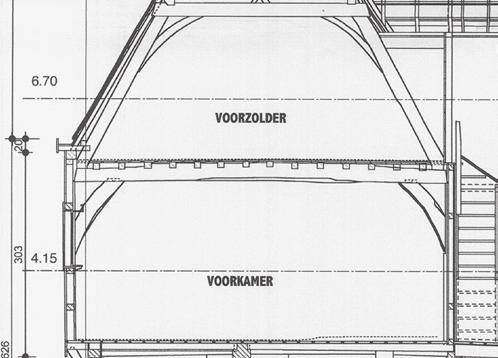 Een langsdoorsnede van het gerestaureerde Hanswijkstraat 52 met de 16de-eeuwse houtbouw (links) en de dwars daarop aansluitende 19de-eeuwse achterbouw (rechts).