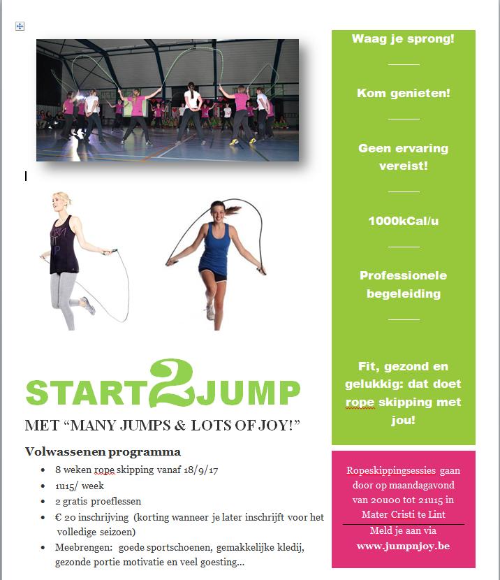Wens je graag deel te nemen aan de gevorderdengroep? Tijdens de eerste training (op dinsdag 19 september van 19u30 tot 20u45) houdt Jump n Joy een speciale selectietraining.