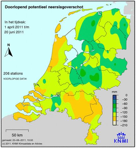 Neerslagtekort Het neerslagtekort (neerslag minus verdamping) wordt gemeten vanaf 1 april, het begin van het groeiseizoen. De afgelopen week is het neerslagtekort gedaald.