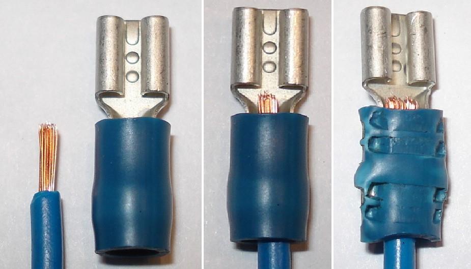 Een krimpverbinding in drie stappen: Draad strippen, striplengte in functie van de kabelschoen Striplengte zo dat de isolatie in de kabelschoen zit, de koperen geleider komt net voorbij de isolatie.
