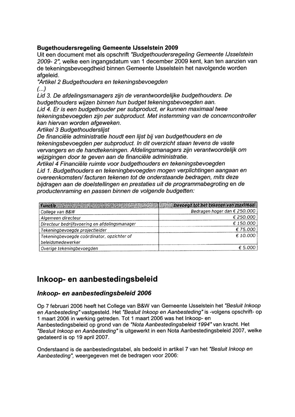 Bugethoudersregeling Gemeente IJsselstein 2009 Uit een document met als opschrift "Budgethoudersregeling Gemeente IJsselstein 2009-2", welke een ingangsdatum van 1 december 2009 kent, kan ten aanzien