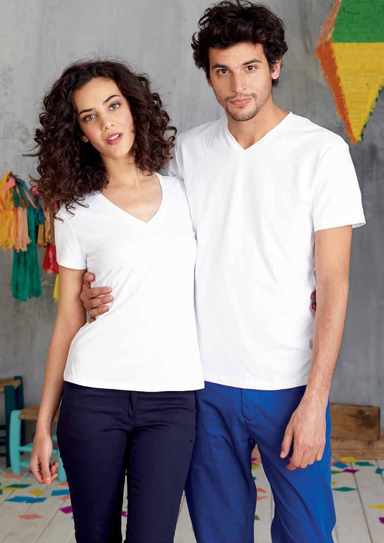 KArIBAN t-shirts 95% katoen / 5% elasthan S M L K327 190 g/m 2 ELECTRA - Dames t-shirt met v-hals en korte mouwen 95% katoen, 5% elasthan. Gecentreerde snit. V-hals met afwerkingsbies en nektape.