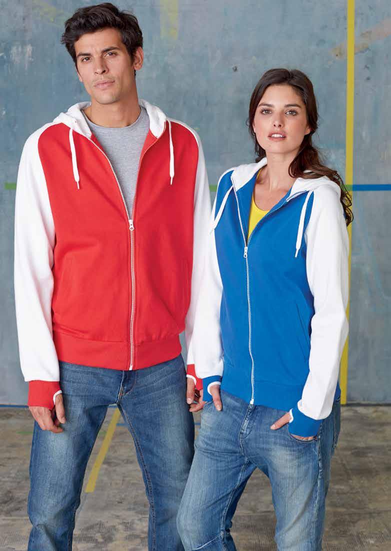 sweatshirts XS S M L 3XL 4XL K447 280 g/m 2 Baseball full zip hooded sweatshirt 80% katoen / 20% polyester. Geborsteld fleece aan de binnenkant. Twee voorzakken.