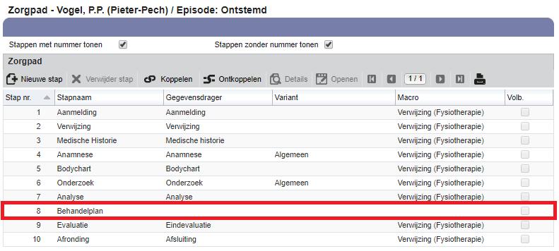 3. Het resultaat is dat u in het Zorgpad nu een Behandelplan heeft staan waarbij de waarde in de kolom gegevensdrager leeg is (zie figuur 32).