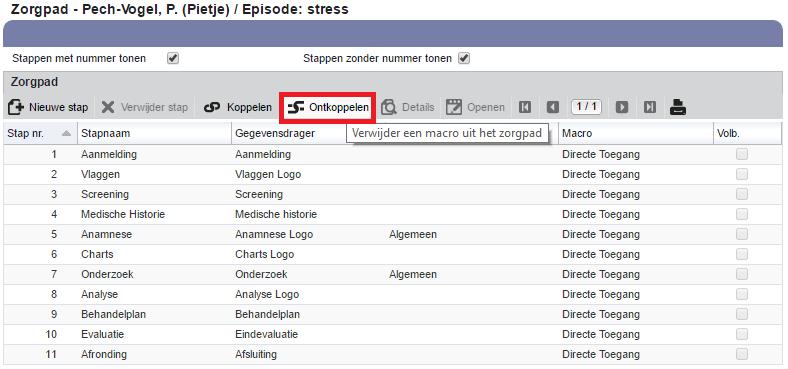 1. Klik in het Zorgpad op de knop Ontkoppelen (zie figuur 9). Figuur 9: macro Directe Toegang ontkoppelen 2. De pop-up uit figuur 10 verschijnt.