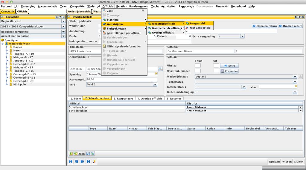 Klik dan op competitie en selecteer bij officials het volgende: officials/wedstrijden/wedstrijdofficials/aangesteld en je krijgt het volgende overzicht: Hiermee kan je zie wie op welke wedstrijd is