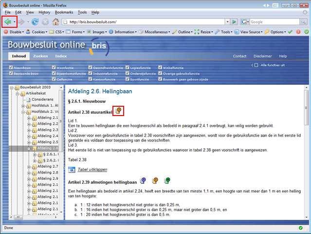 Met de [terug]-knop van uw browser of de knop gaat u weer terug naar de tekst van het Bouwbesluit.