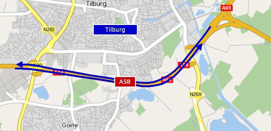 Het proeftraject is op de noord- en zuidbaan van de A58, ten zuidoosten en ten westen van Tilburg. De lengte van het proeftraject is circa 5,9 kilometer, zie Figuur 3.