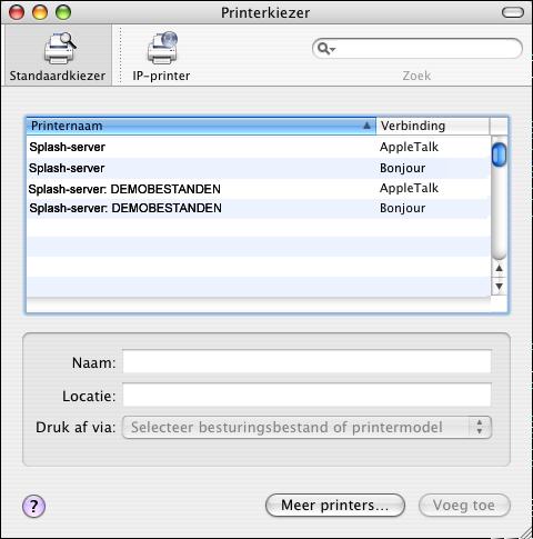 AFDRUKKEN VANUIT MAC OS X 12 EEN PRINTER TOEVOEGEN MET DE VERBINDING STANDAARDKIEZER (BONJOUR OF APPLETALK) 1 Klik op Standaardkiezer in het dialoogvenster Printerkiezer.