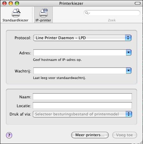 AFDRUKKEN VANUIT MAC OS X 13 EEN PRINTER TOEVOEGEN MET DE VERBINDING IP-PRINTER 1 Klik op IP-printer in het dialoogvenster Printerkiezer. Het deelvenster IP-printer wordt geopend.