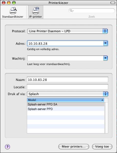 AFDRUKKEN VANUIT MAC OS X 14 4 Selecteer Splash uit de lijst Druk af via. Het deelvenster Model wordt weergegeven in het dialoogvenster. 5 Selecteer het PPD-bestand uit de lijst met modellen.