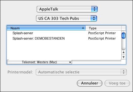 AFDRUKKEN VANUIT MAC OS X 17 EEN PRINTER TOEVOEGEN MET DE APPLETALK-VERBINDING 1 Selecteer AppleTalk uit de lijst. Het deelvenster AppleTalk wordt weergegeven.