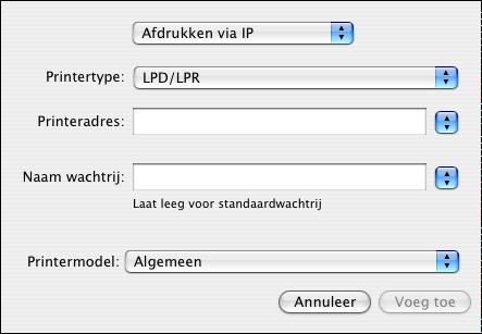 AFDRUKKEN VANUIT MAC OS X 18 EEN PRINTER TOEVOEGEN MET DE LPD/LPR-VERBINDING 1 Selecteer Afdrukken via IP uit de lijst. Het deelvenster Afdrukken via IP wordt geopend.