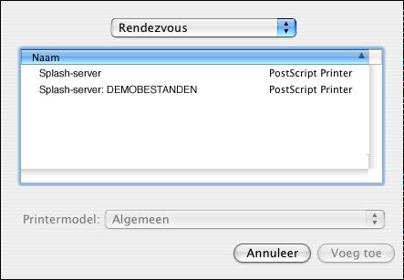 AFDRUKKEN VANUIT MAC OS X 19 EEN PRINTER TOEVOEGEN MET DE RENDEZVOUS-VERBINDING 1 Selecteer Rendezvous uit de lijst. Het deelvenster Rendezvous wordt weergegeven.