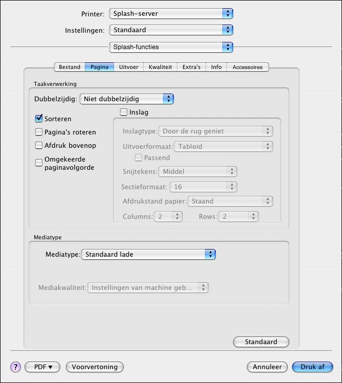 AFDRUKKEN VANUIT MAC OS X 27 Klik op de tab Pagina om taakverwerkings- en media-opties op te geven.