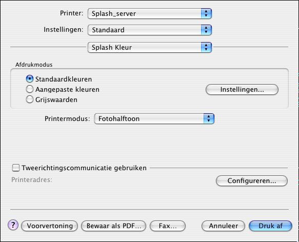 AFDRUKKEN VANUIT MAC OS X 33 5 Selecteer Splash Kleur uit de keuzelijst. Geef de opties voor Afdrukmodus en Printermodus op.
