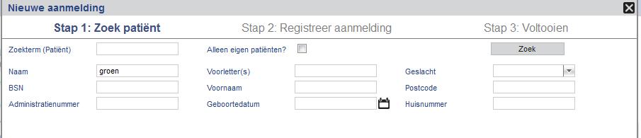 Stap 1: Zoek patiënt Figuur 2 Wizard Aanmelding Laten we eerst eens gaan kijken of deze meneer (de heer Groen) bij u bekend is.