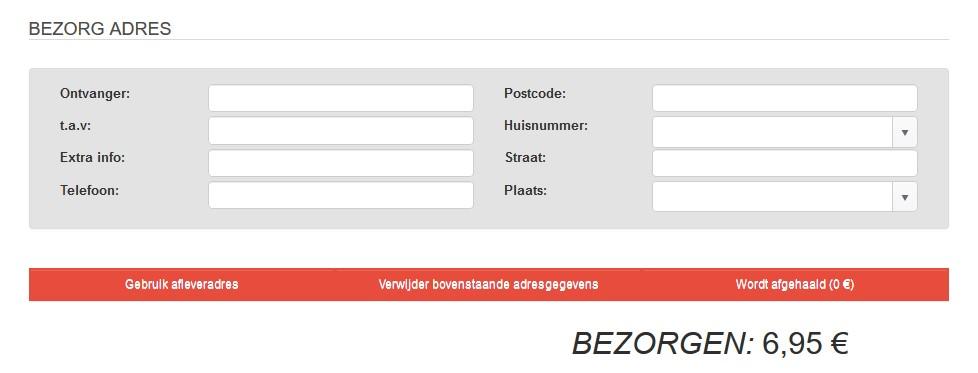 Bezorg adres U dient hier het bezorgadres voor uw bestelling op te geven. Door de Postcode en het huisnummer in te vullen zullen de straatnaam en de plaats automatisch ingevuld worden.