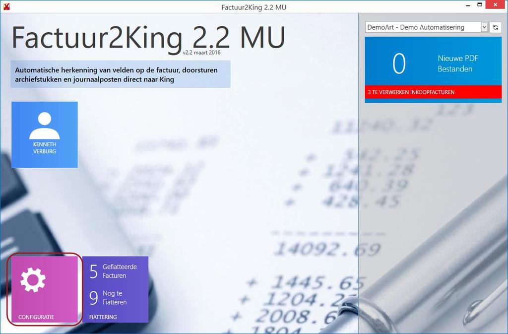 Controleer configuratie Start na de installatie het programma op met de Factuur2King 2.2 MU snelkoppeling.