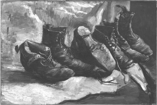 Het zijn twee linker schoenen die met elkaar verbonden zijn! De omgeslagen bovenkant van de linker schoen raakt de rechter schoen. De veter van de linker schoen ligt tegen de rechter schoen aan.