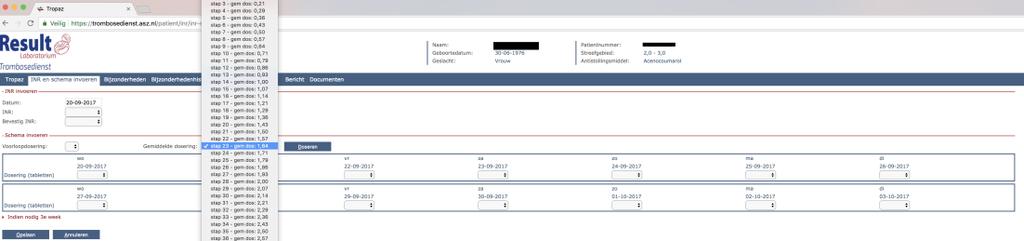 Stap 4: Heeft u de INR ingevoerd dan voert u bij Schema invoeren het doseervoorstel in.