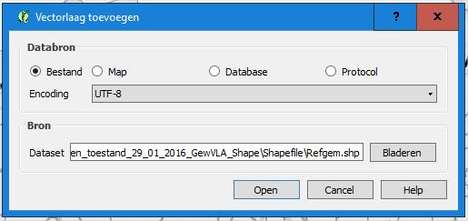 Wanneer de dataset verwijst naar de correcte locatie, klik je op de knop Open Figuur 11: Dataset Refgem 3. Het Voorlopig Referentiebestand Gemeentegrenzen is nu opgeladen.